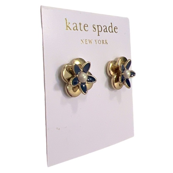 KATE SPADE • Elegant Gold & Black Floral Pearl Stud Earrings - Picture 4 of 5